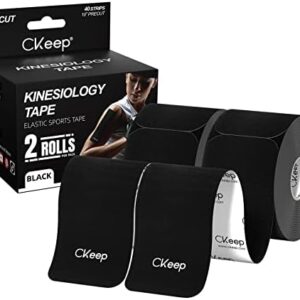 Kinesiology Tape (2 Rolls), Original Cotton Elastic Premium Athletic Tape,33 ft 40 Precut Strips in Total,Hypoallergenic and Waterproof K Tape for Muscle Pain Relief and Joint Support,Black