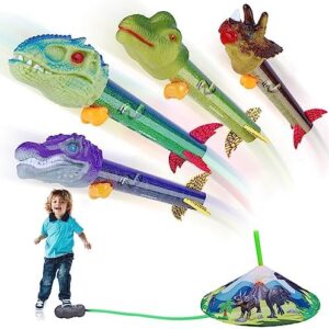 Dinosaur Toy Rocket Launcher for Kids - Launch Up to 100 Ft, 4 Rockets, Outdoor Outside Toys for Kids, Dinosaur Toys, Birthday Gifts for 3 4 5 6 7 8-12 Year Old Boys Girls