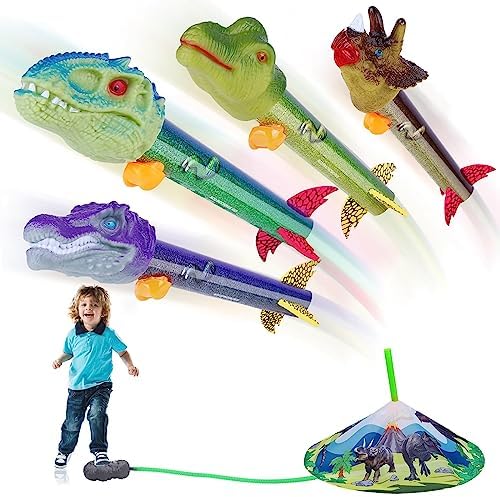 Dinosaur Toy Rocket Launcher for Kids - Launch Up to 100 Ft, 4 Rockets, Outdoor Outside Toys for Kids, Dinosaur Toys, Birthday Gifts for 3 4 5 6 7 8-12 Year Old Boys Girls